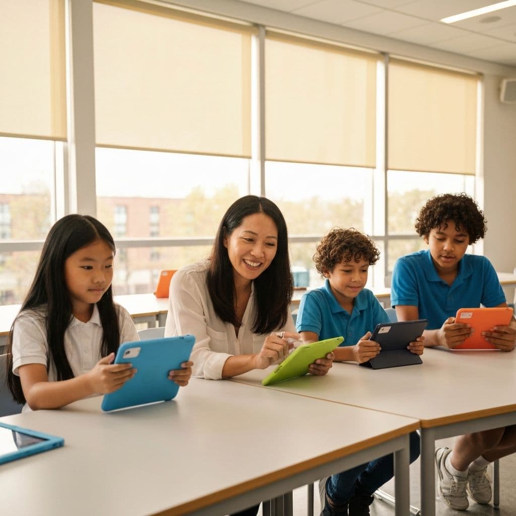 Teacher working with students using digital tools in a modern classroom