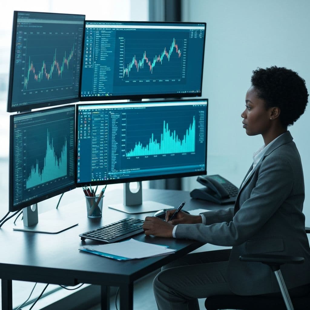 Financial analyst reviewing market data charts and graphs on multiple screens